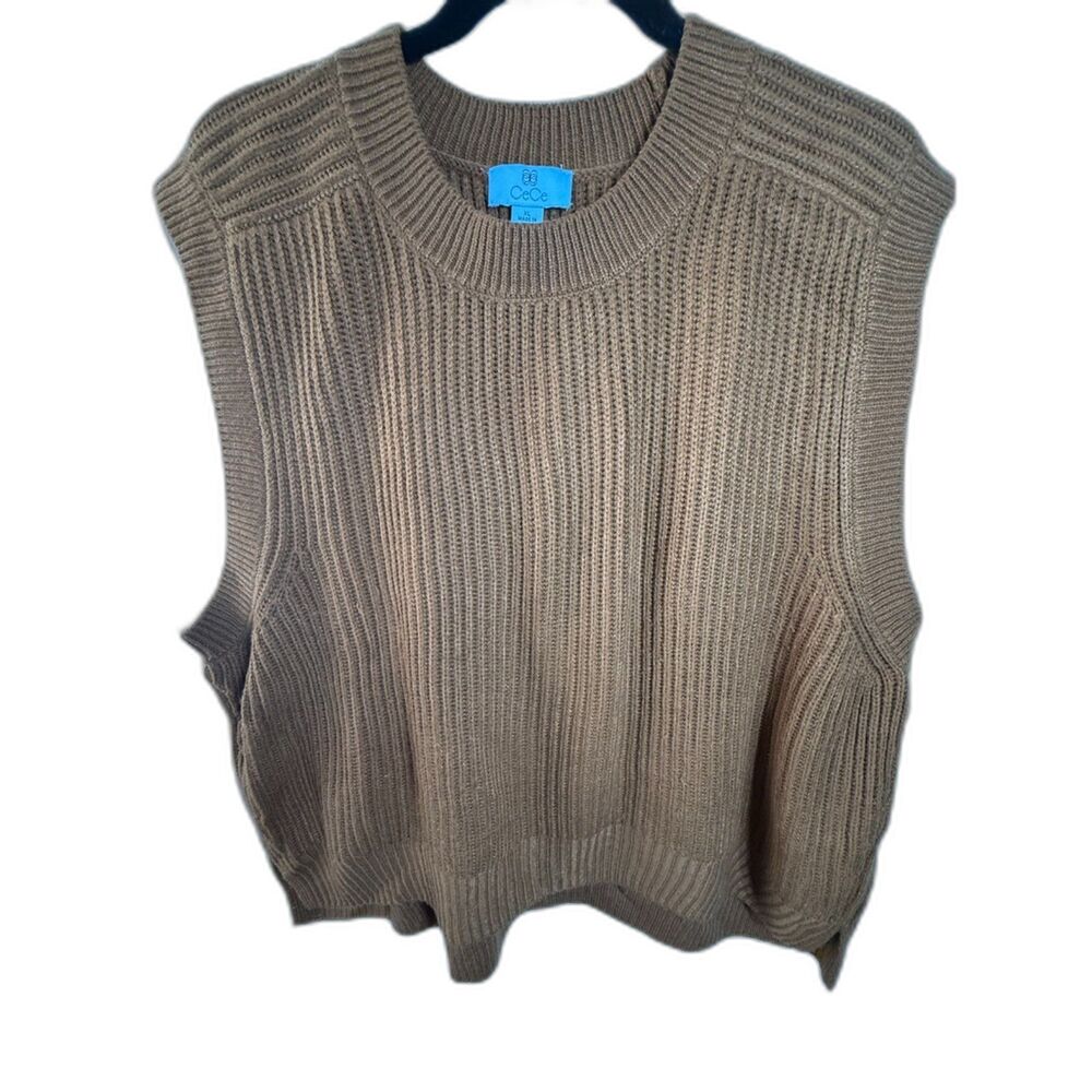 CeCe Women’s XL Brown Ribbed Knit Sweater Vest Sleeveless Crew Neck